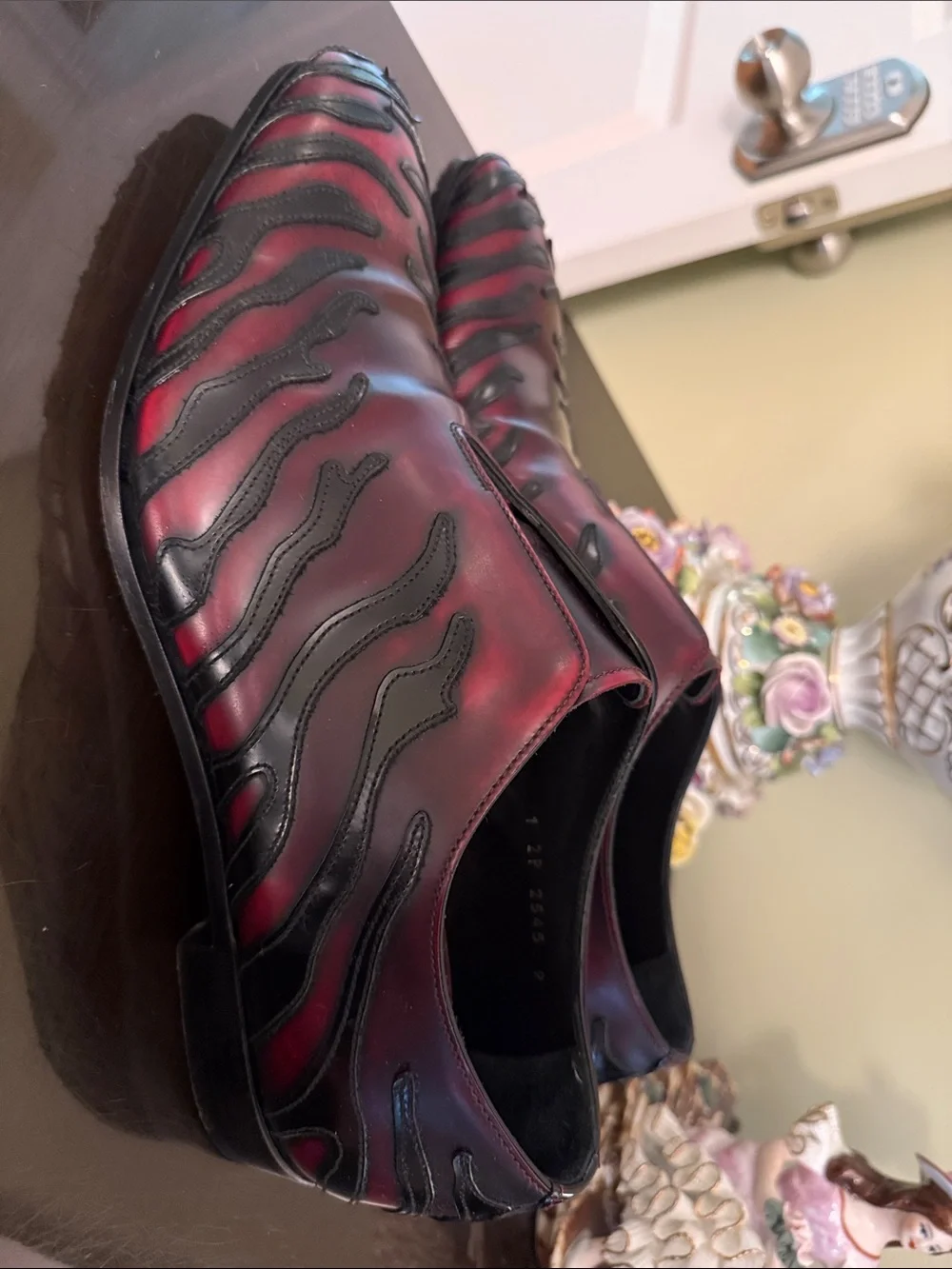 Prada Men's Red Burgundy and Black Leather Slip-On Dress Shoes